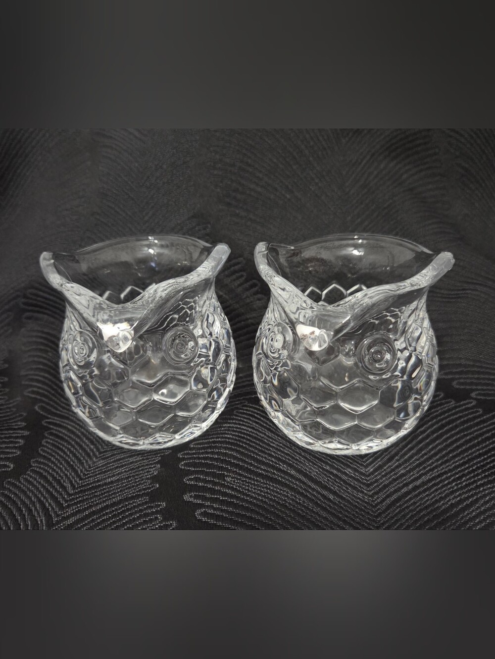 2 Clear Pressed Glass Owl Vessels